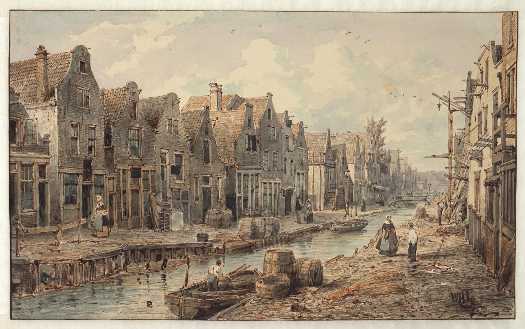 Schilderij van de Goudsbloemgracht, de huidige Willemsstraat, rond 1850. In 1854 werd de gracht gedempt