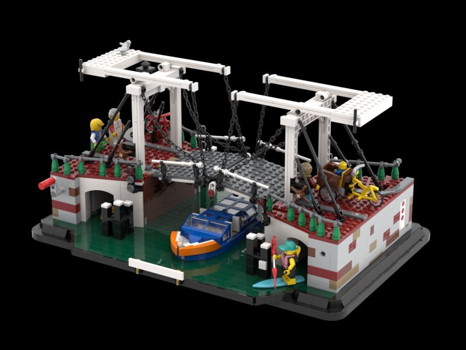 Legomodel van de Walter Süskindbrug met een bootje en poppetjes