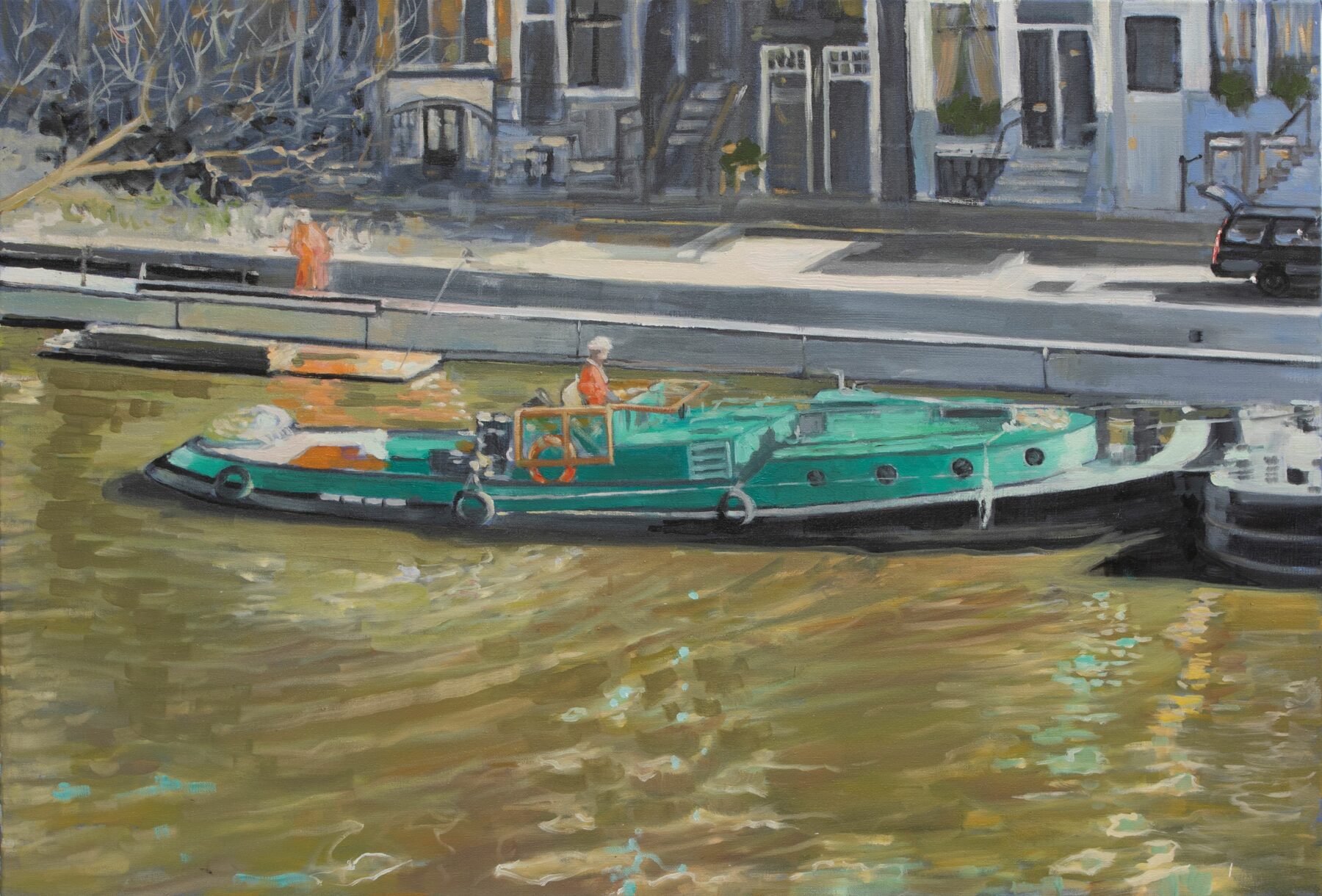 Schilderij van een duwboot voor de kade tijdens de kadewerkzaamheden aan de Herengracht
