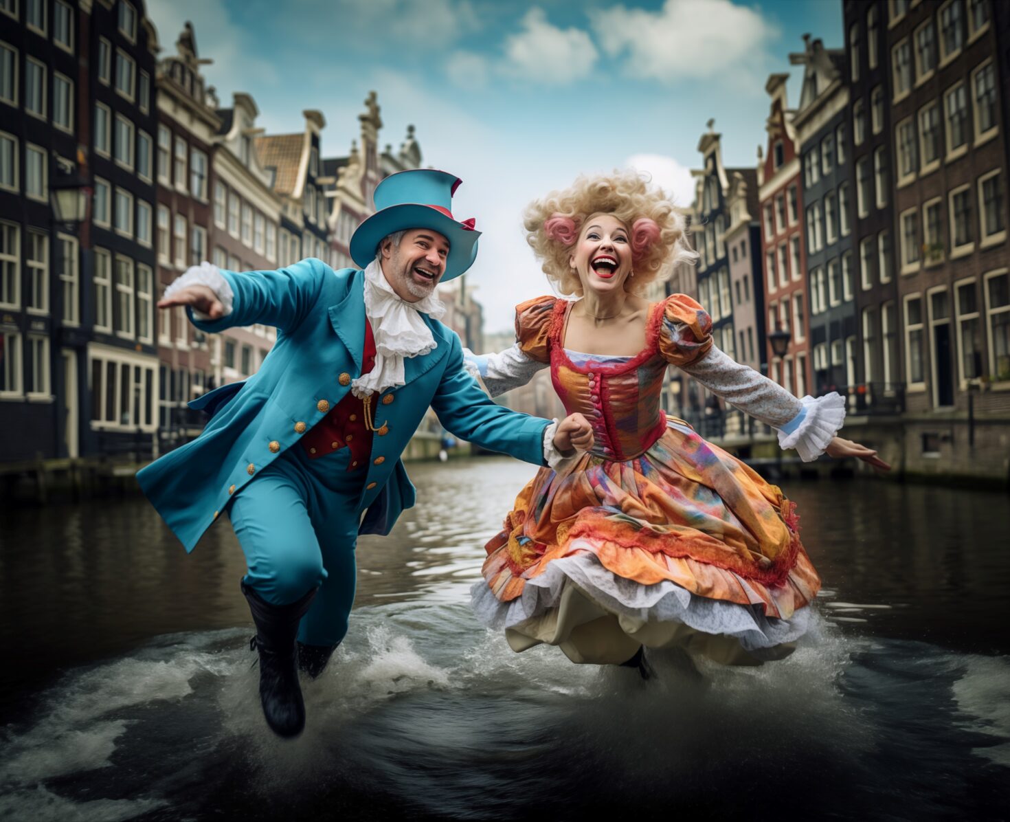 Canal Fun: fantasiefoto gemaakt met AI met daarop een stel in chique 18e-eeuwse kleren dat hand in hand over het water van een Amsterdamse gracht rent.
