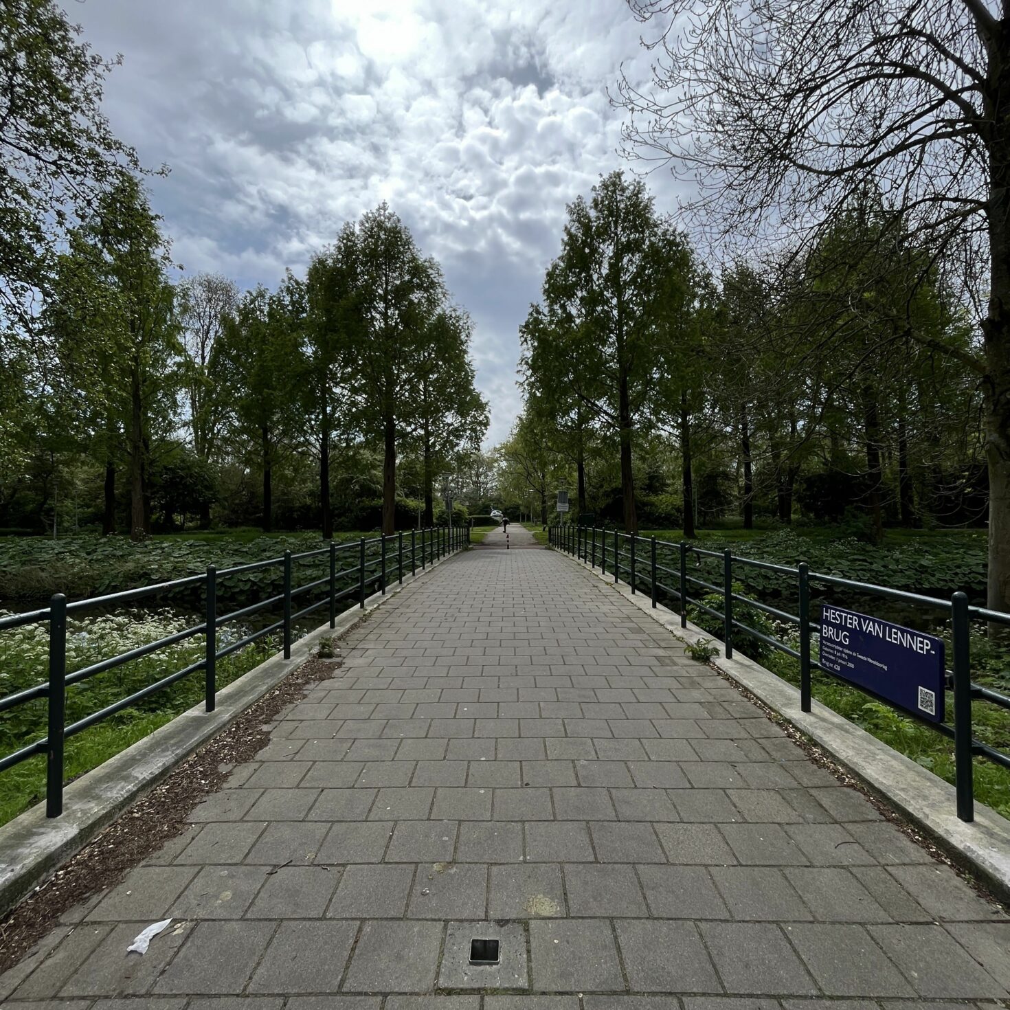 Voet- en fietspad leidend naar een park over de Hester van Lennepbrug