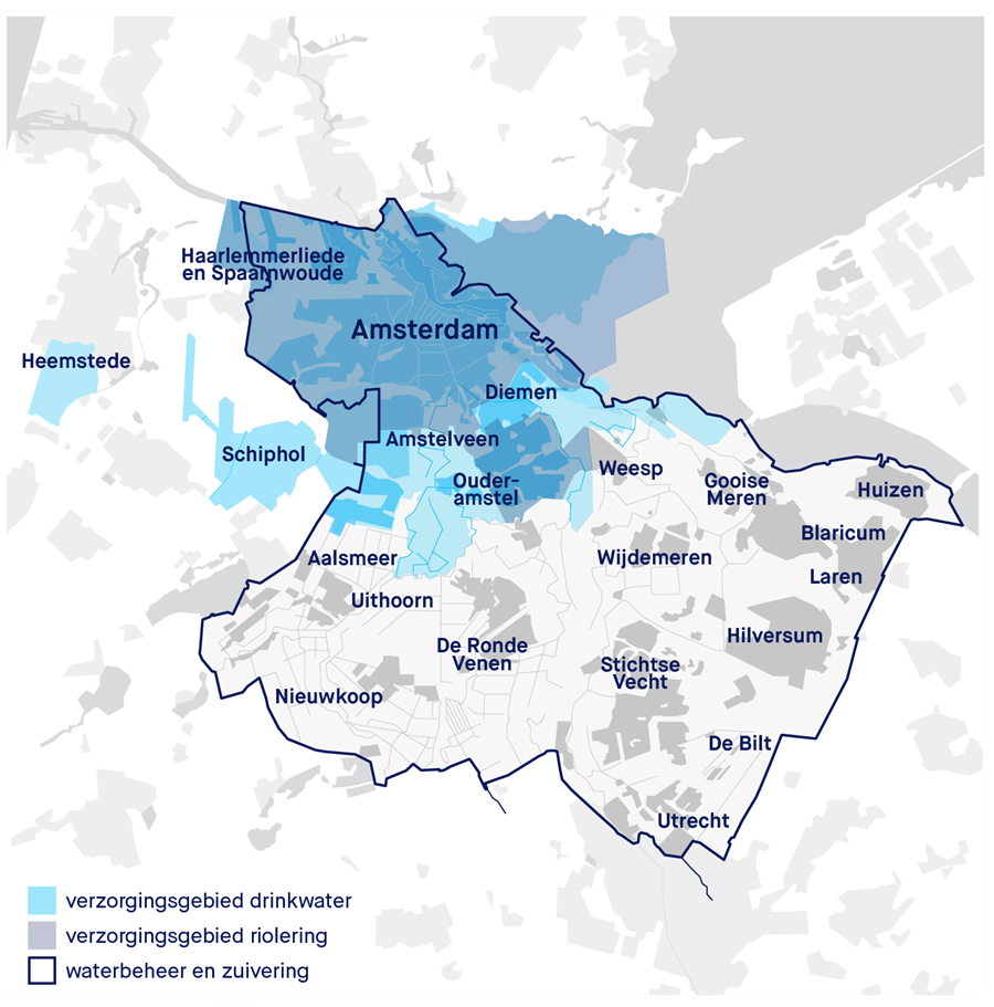 Kaartje van het gebied ten westen van het achterland dat via de Amsterdamse grachten afwatert in het IJ en het Noordzeekanaal.