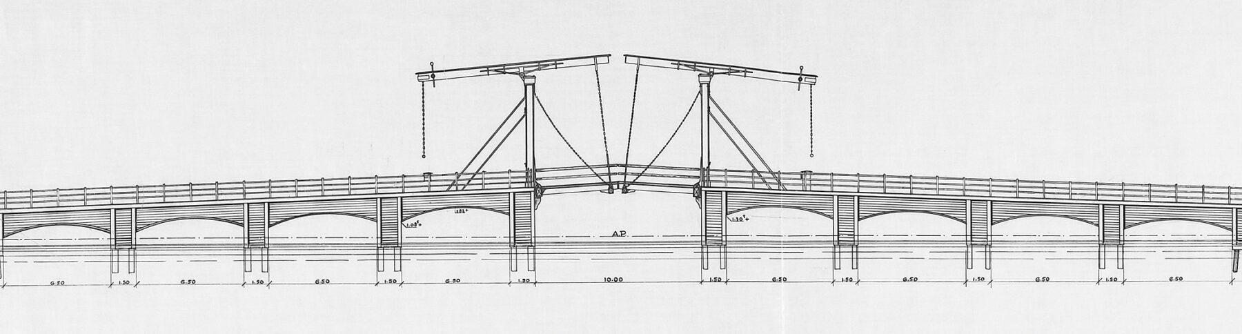 Bouwtekening met doorsnede van de Magere Brug