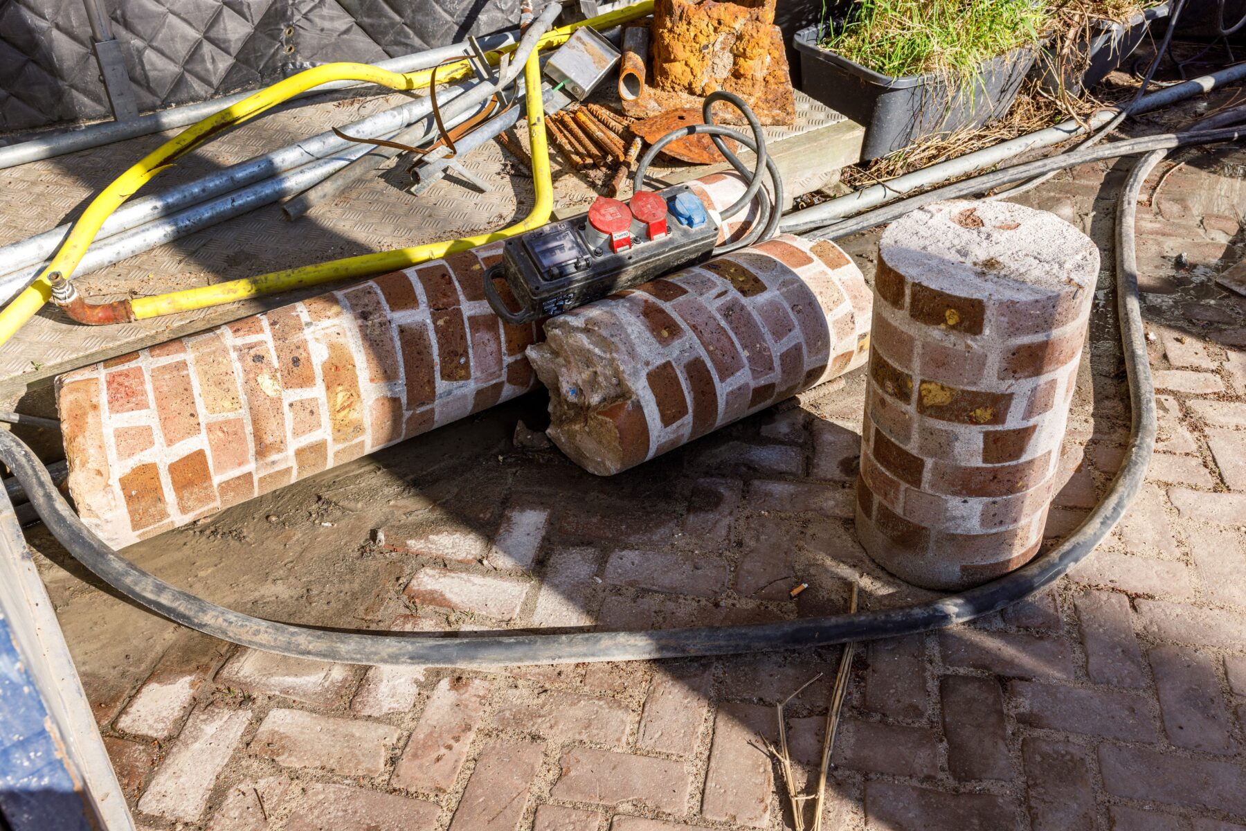Ronde stukken metselwerk die uit de kademuur aan de Binnenkant zijn geboord