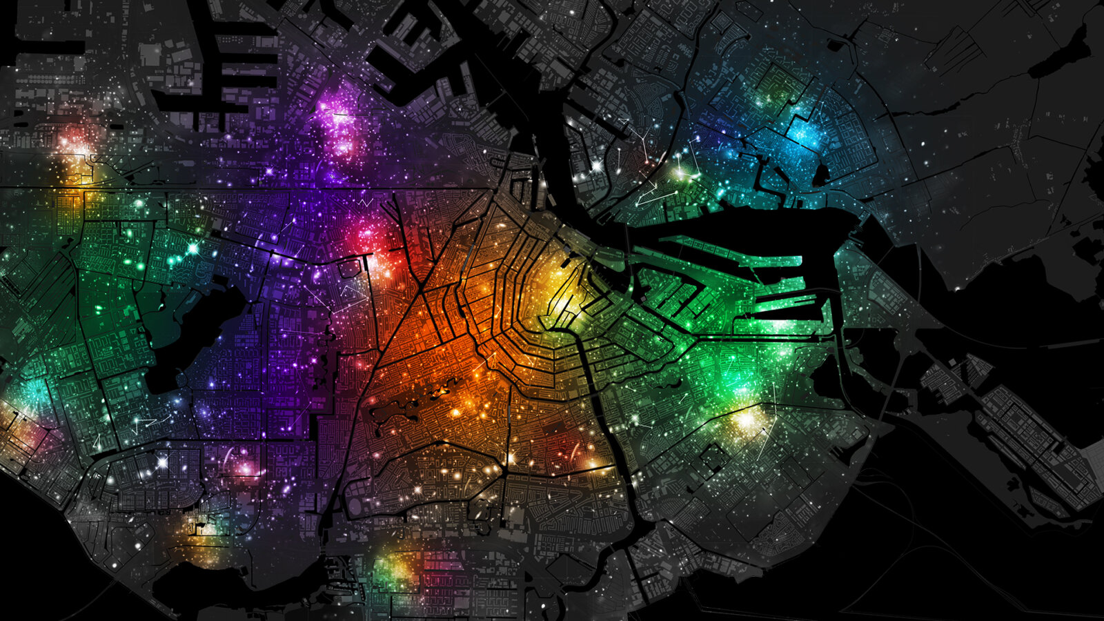 Bovenaanzicht van maquette Amsterdam in Motion belicht met verschillende kleuren