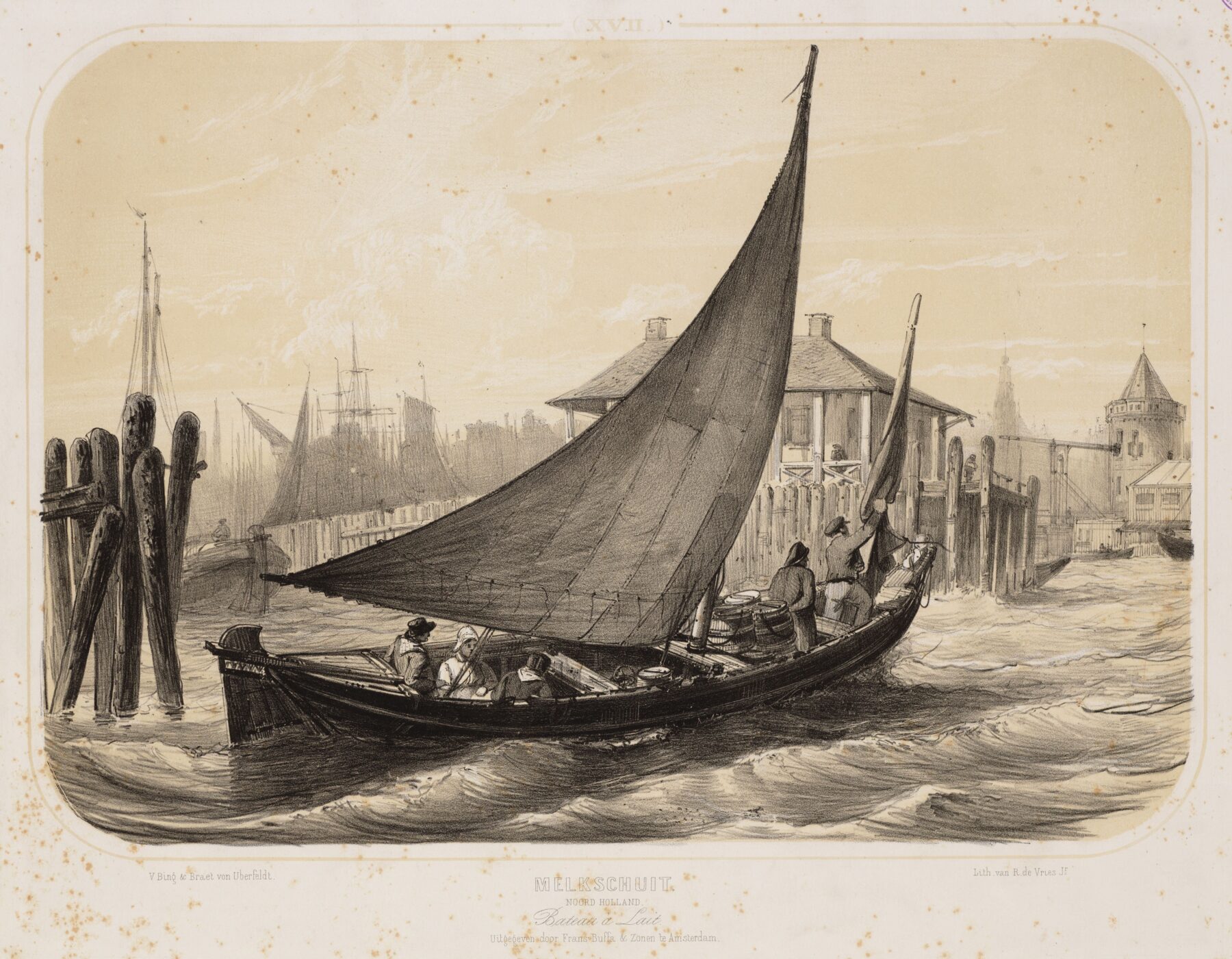 Prent van een melkschuit met zeil op het IJ, gemaakt in 1839
